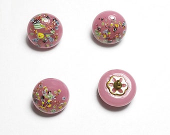 Vintage Pink Millefiori Buttons or Beads 13mm Glass Metal Loop 4 Pcs.