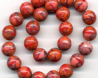 Vintage Coral Glass Beads 8mm Round w/ Matrix 25 Pcs.