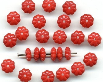 Vintage 8mm Flower Beads Opaque Red Glass Rondelle Spacers 72 Pcs.
