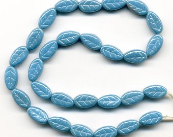 Vintage Blue Leaf Beads 9mm Opaque Glass Luster Finish 30 Pcs.