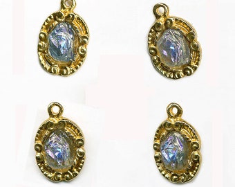 Vintage Pendant Beads Iridescent Glass Stones in Gold Color Metal Settings 4 Pcs.