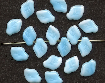 Vintage Leaf Beads 12mm Opaque Blue & White Blend Top Hole Leaves 18 Pcs.