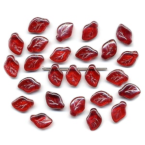 Vintage Red Leaf Beads 11mm Ruby Luster Finish Glass Made W. Germany 25 Pcs.