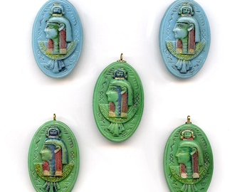Vintage 38mm Egyptian Revival Style Pharaoh Pendant Beads Choose Blue or Green