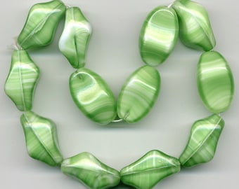 Vintage Green & White Beads 24mm Opaque Glass Unusual Shape 12 Pcs.