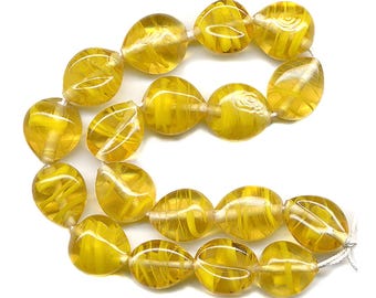 Vintage Golden Yellow Givre Beads 13mm Swirled Glass 18 Pcs. Made in Japan