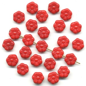 Vintage Red Flower Beads 10mm Glass Flat Shape Great Detail 25 Pcs.+