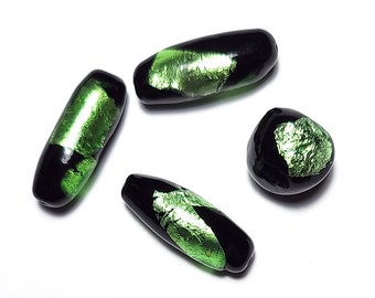 Vintage Black & Green Foil Accent Beads Large Sizes 4 Pcs.