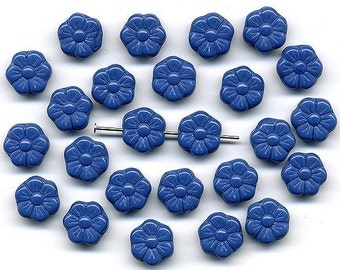 Vintage Blue Flower Beads 10mm Glass Flat Shape Great Detail 25+ Pcs.