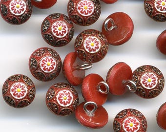 Vintage 8mm Red Buttons with Embossed Colorful Design 10 Pcs.