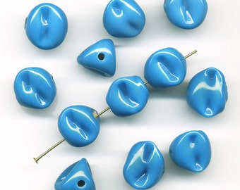 Vintage Blue Beads 15mm Pinched Glass Turquoise Color Made in Japan 12 Pcs.