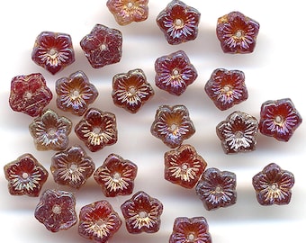 Vintage Red AB Flower Beads 8mm Glass Flat Back Center Hole 50 Pcs.