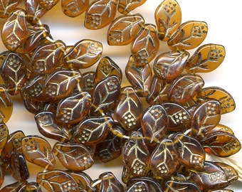 Vintage Leaf Beads 11mm Translucent Topaz Glass & Gold Accents 25 Pcs.