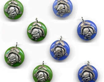 Vintage Pendant Beads 14mm, Raised Silver Color Flower, Metal Loop, Choose Green or Blue Glass 4 Pcs.