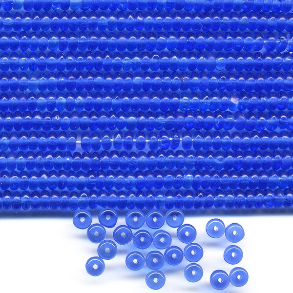 Vintage Blue Beads 4mm Translucent Sapphire Glass Rondelle Spacers 144 Pcs.