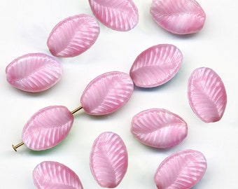 Vintage 15mm Leaf Beads Pink & White Opaque Glass 15 Pcs. Made W. Germany