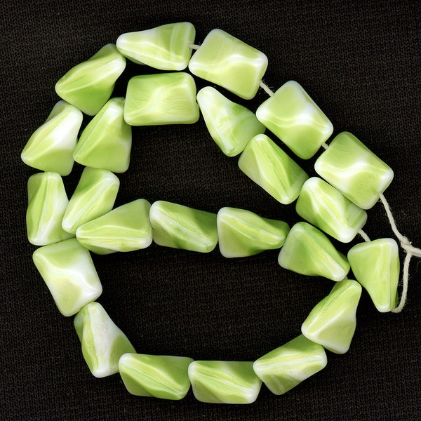 Vintage 12mm Bright Chartreuse Green & White Glass Beads Unique Geometric Shape Made in W. Germany 24 Pcs.