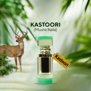 May include: A clear glass bottle with a silver cap and a green top. The bottle is filled with a dark liquid. The bottle is labeled "Kastoori (Mushk Nafa)".