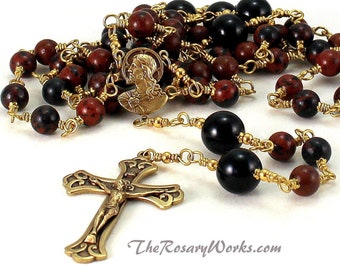 Sacred Heart Rosary Beads Solid Brass Brown Mahogany Obsidian Black Onyx Wire Wrapped Unbreakable Traditional Catholic The Rosary Works