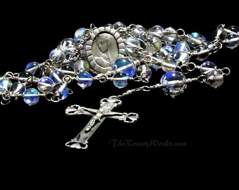 Our Lady of Sorrows Rosary Beads Mother of Sorrows Mater Dolorosa Pieta Pewter Opalescent AB Beads  Wire Wrapped Unbreakable Catholic Gift