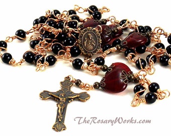 Sacred Heart Medal Rosary Beads Red Puffy Hearts Black Onyx Solid Bronze Catholic Rosary Vintage Style Unbreakable Wire Wrapped Rosary Works