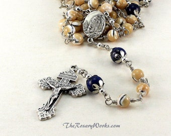 Our Lady of Lourdes Rosary Beads St Bernadette Relic Blue Lapis Lazuli Tan Trochidae Shell Wire Wrapped Unbreakable Traditional Catholic
