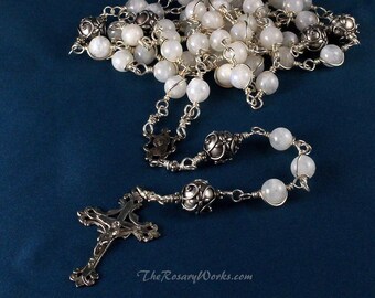 Mother of Sorrows Rosary Beads AAA Grade Natural Rainbow Moonstone White Wedding Sterling Silver Mater Dolorosa Heirloom Rosary Unbreakable