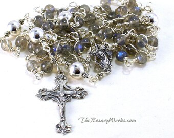 Mother of Sorrows Rosary Beads Mater Dolorosa Sterling Silver AAA Grade Labradorite Beads Blue  Heirloom Rosary Wire Wrapped Unbreakable