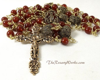 Miraculous Medal Rosary Beads Vintage Style Solid Brass Bali Filigree Hearts Carnelian Wire Wrapped Unbreakable Traditional Catholic