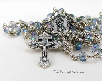 Mary Undoer of Knots Rosary Beads Untier Pardon Crucifix Ice Blue Crystals Wire Wrapped Unbreakable Prayer Traditional Catholic 5 Decade