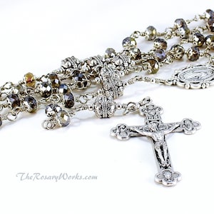 Miraculous Medal Rosary Beads Catholic Rosary Unbreakable Wire Wrapped Smokey Gray Crystals Trinity Crucifix Traditional 5 Decade Dominican