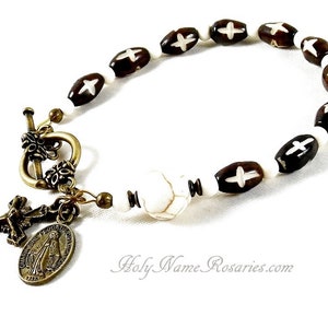 Miraculous Medal Rosary Bracelet with Crosses Hand Carved Bone Miraculous Medal St Benedict Dark Brown Single Decade Chaplet Ivory Color