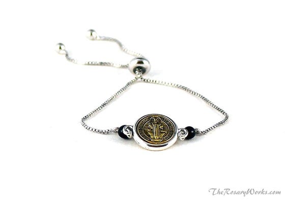 Bracelet St Benedict Devotional Bracelet One Size Fits All Adjustable Slider Bracelet Sacramental Brass Black Onyx  Patron Saint Catholic