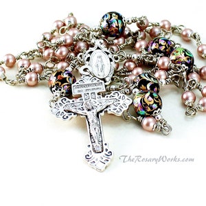 Miraculous Medal Rosary Beads Swarovski Pearls Almond Color Black Tensha Dominican Wire Wrapped Unbreakable Catholic Rosary The Rosary Works