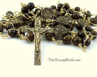 Sacred Heart Rosary Beads Solid Brass Bronzite Brown Wire Wrapped Unbreakable Traditional Catholic 5 Decade Mens Gift
