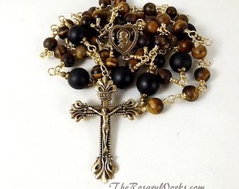 Matte Tiger Eye Rosary Beads Sacred Heart Scapular Brown Onyx Black Solid Brass Wire Wrapped Unbreakable Prayer Beads Traditional Catholic