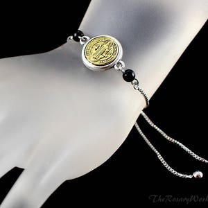 Pulsera devocional de San Benito Talla única Pulsera ajustable deslizante Latón sacramental Ónix negro Santo patrón católico imagen 5