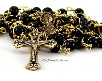 Sacred Heart Rosary Beads Scapular Black Onyx Solid Brass Wire Wrapped Unbreakable Prayer Beads Men Traditional Catholic Five Decade