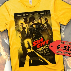 Peut inclure: T-shirt jaune avec un imprimé graphique noir et blanc de l'affiche du film "Sin City: A Dame to Kill For". L'affiche présente le texte "There is no justice without sin" et "Frank Miller's Sin City: A Dame to Kill For".