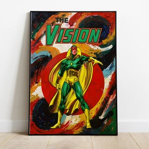 May include: Framed artwork featuring a comic book style illustration of The Vision. The superhero is depicted in a green and yellow costume, standing in front of a red circle. The background has colorful brushstrokes, and the title "THE VISION" is displayed.