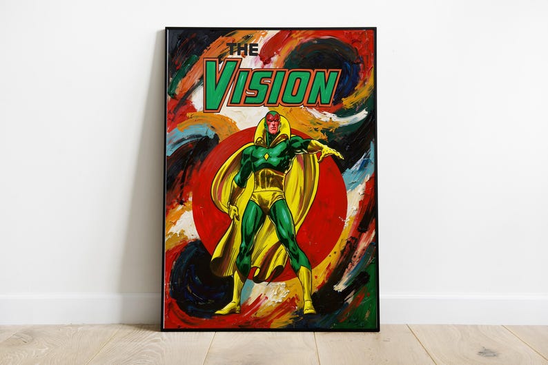 May include: Framed artwork featuring a comic book style illustration of The Vision. The superhero is depicted in a green and yellow costume, standing in front of a red circle. The background has colorful brushstrokes, and the title "THE VISION" is displayed.