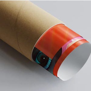 May include: A rolled-up poster with a vibrant design, partially visible. The visible portion features a close-up of an eye with teal iris and black surrounding details. The poster is encased in a brown cardboard tube.