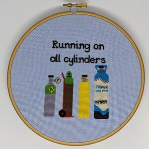 May include: Cross-stitch embroidery hoop with a blue background and the text "Running on all cylinders". The hoop features four different colored cylinders, including a blue, brown, yellow, and gray cylinder.