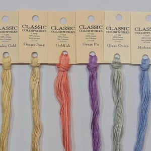 Può includere: Un'esposizione di fili da ricamo Classic Colorworks in vari colori, tra cui Creamy Peach, Cupid e Finley Gold. Ogni matassa è attaccata a un cartoncino con il nome del marchio e del colore. Il filo è lungo 4,57 metri.