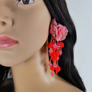 Valentine's Day Red Pink Flower Earrings Fringe Tassel Style image 2