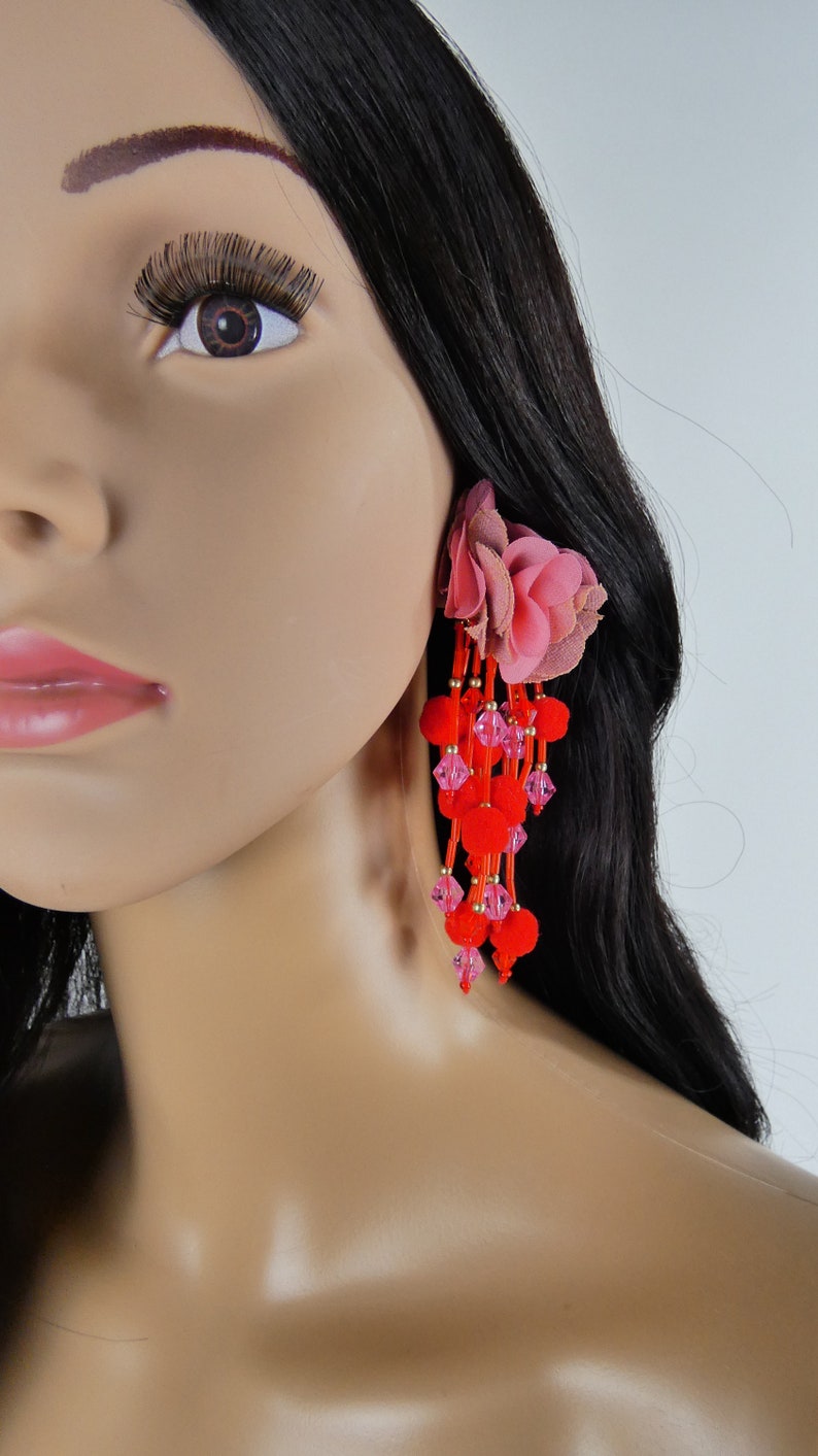 Valentine's Day Red Pink Flower Earrings Fringe Tassel Style image 2