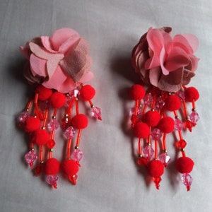 Valentine's Day Red Pink Flower Earrings Fringe Tassel Style image 1