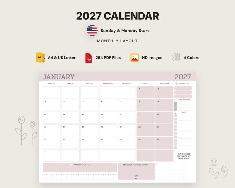 Calendar 2027 Printable PDF Download | Sunday & Monday Start | Yearly ...