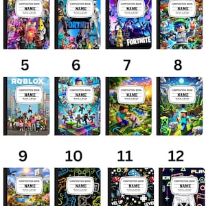 May include: A collection of twelve composition books featuring various video game themes including Fortnite, Roblox, and Minecraft. Each notebook has a central white label with the text COMPOSITION BOOK and NAME, plus 100 sheets and 200 pages.