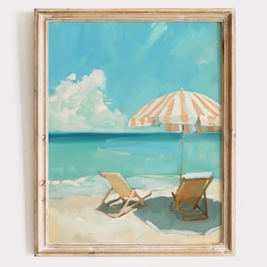 Beach Scene Print: Coastal Umbrella Painting (Digital Download)